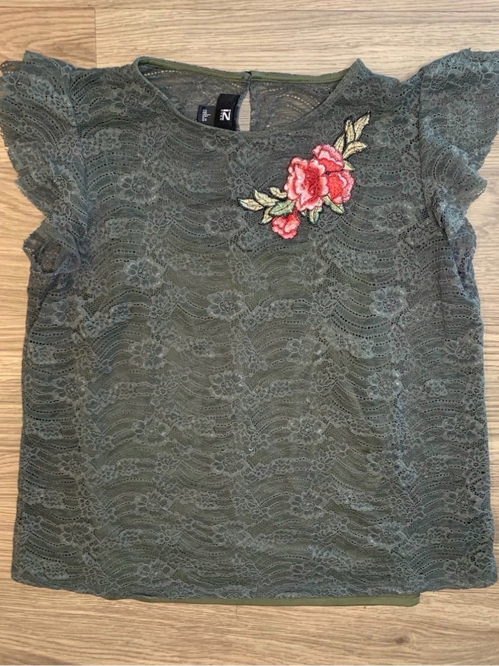 Olive Lace Flutter Sleeve Top with Rose Applique
